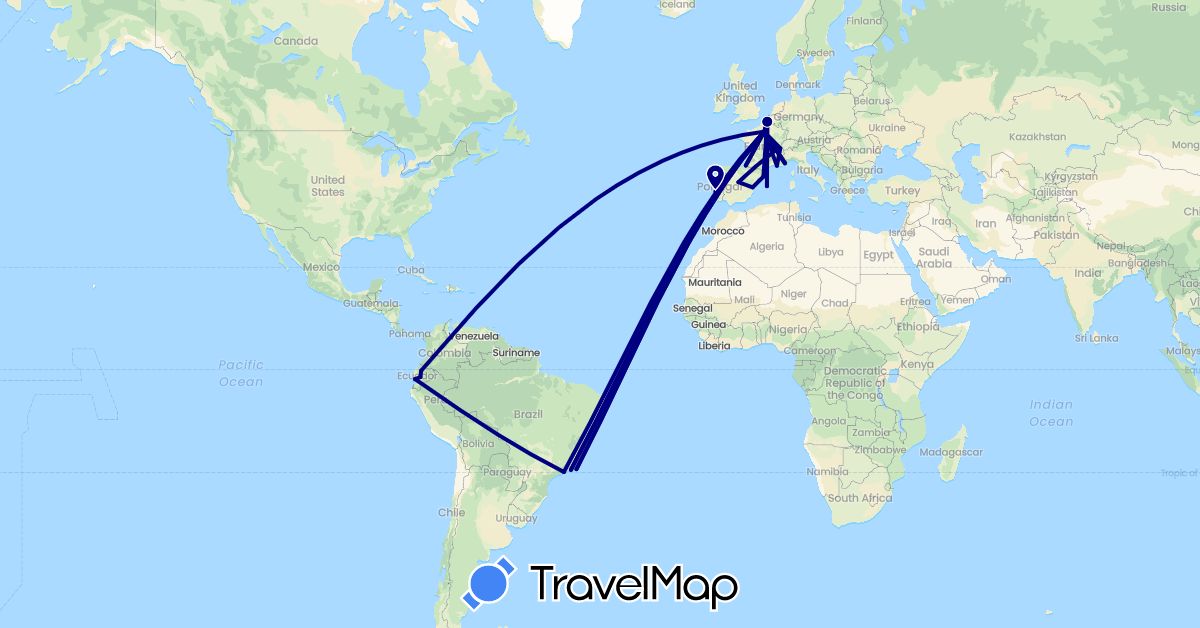 TravelMap itinerary: driving in Brazil, Switzerland, Ecuador, Spain, France, Portugal (Europe, South America)